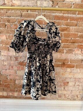 Free People Black & Cream Floral Smocked Mini Dress